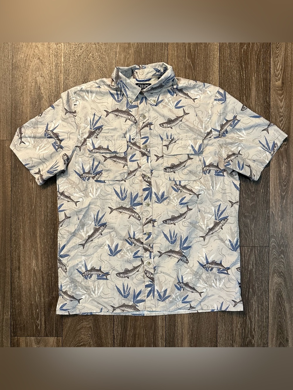 Chaps tan fish print button up short sleeve collared shirt Sz L fishing Gorpcore